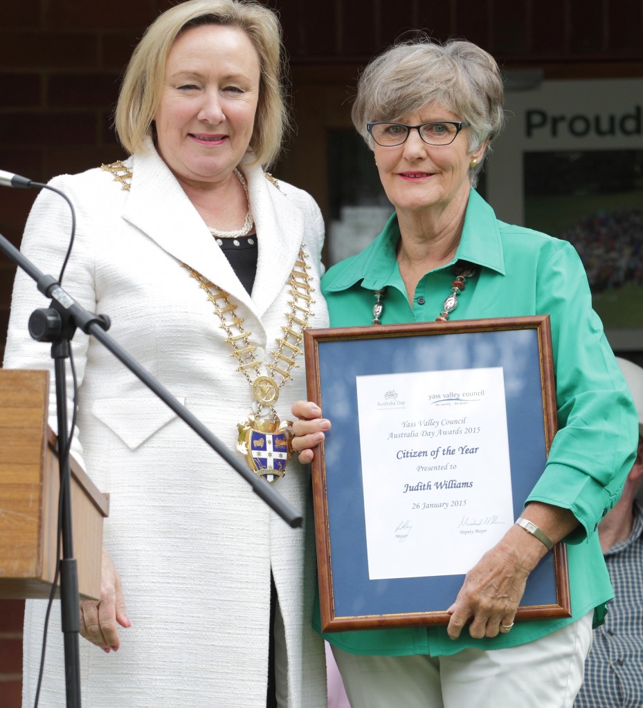 Mayor Rowena Abbey presents Judith Williams with her Citizen of the Year award earlier this year.