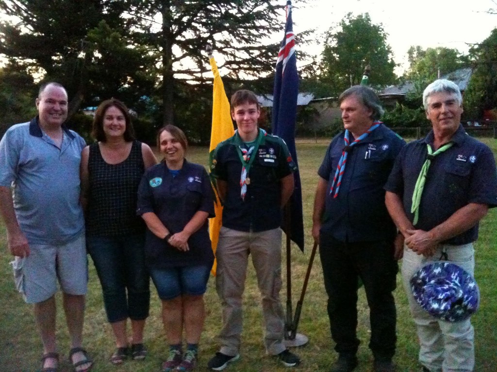 Scout Ryan Vaughn with his proud parents Mr and Mrs Vaughn, 1st Yass Scout Leaders, Jenny Thompson and Don McCann and Regional Commissioner for Scouts, Riverina Region Mr Ian Petty. PHOTO: supplied