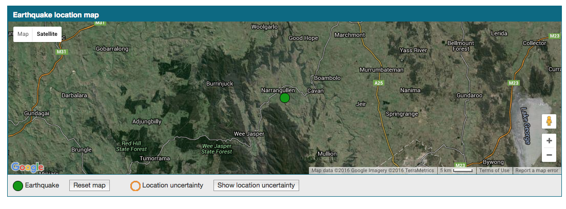 A 3.1 magnitude earthquake near Wee Jasper this afternoon was felt by residents throughout Yass, Murrumbateman, Sutton, Wallaroo and even south Canberra. PHOTO: Geoscience Australia