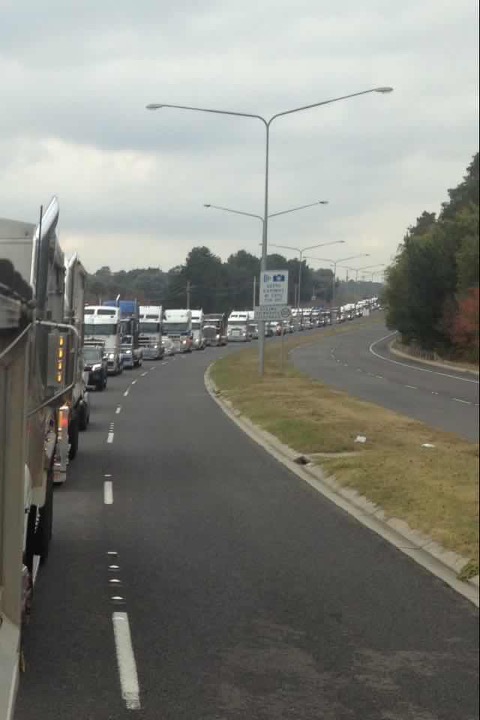 Trucks lined the Barton Highway for 10kms into EPIC in Canberra. PHOTO: Michelle Apps