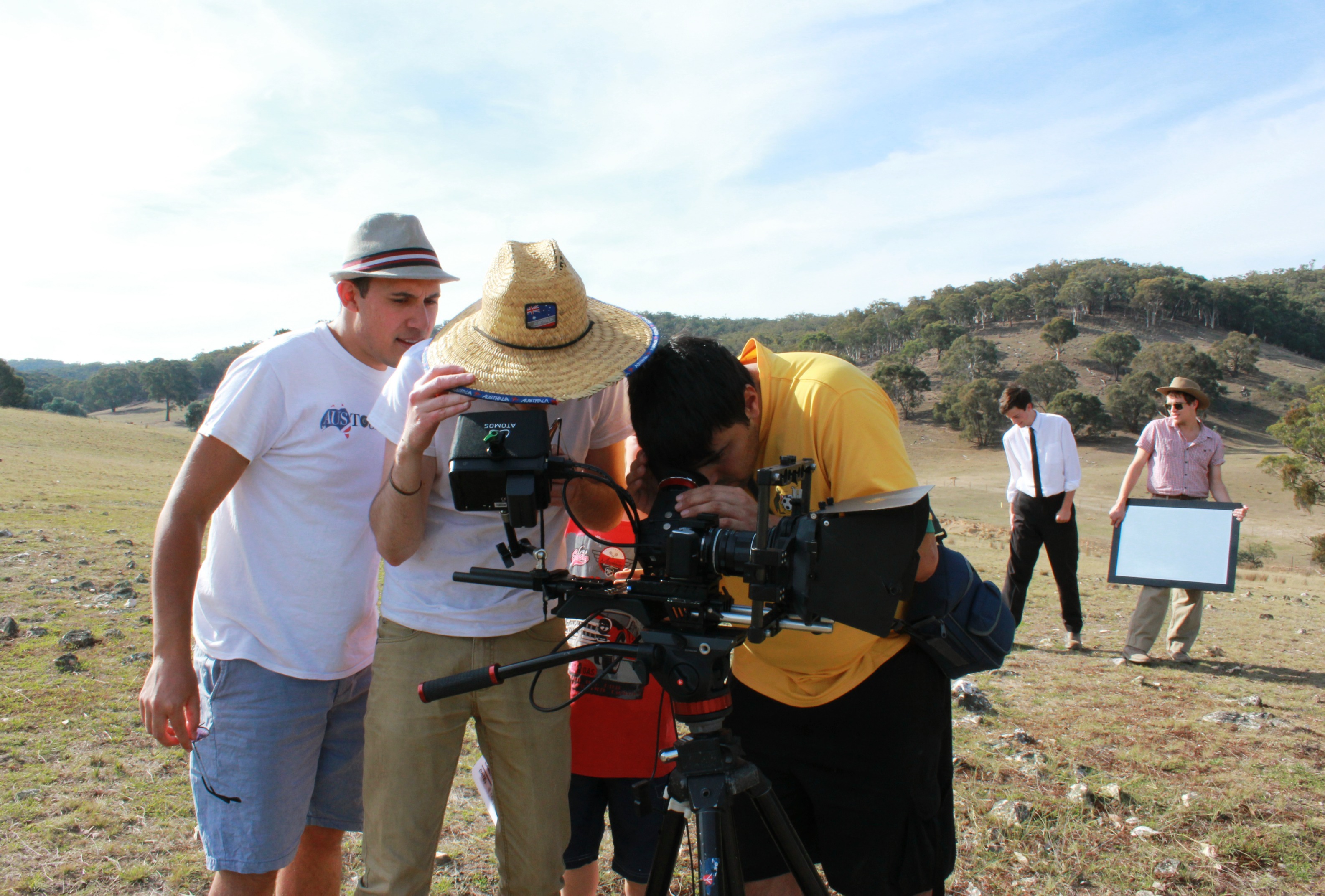 Producer/Director Justin Bush, Co-Producer Ryan Kerlin, Director of Cinematography Aaron King, (in background) Actor's Miles Harrison and Zackary Drury check back on a scene just recorded. 